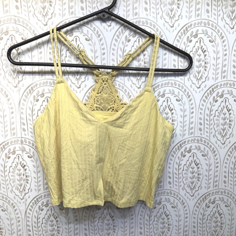 Aerie Crop‎ Top Women Size M Yellow Ribbed Lace Racerback Built In Bra 3391-729